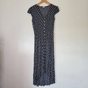 Bebop Navy Floral Button Front Midi Dress Women’s Medium Rayon Smocked Waist